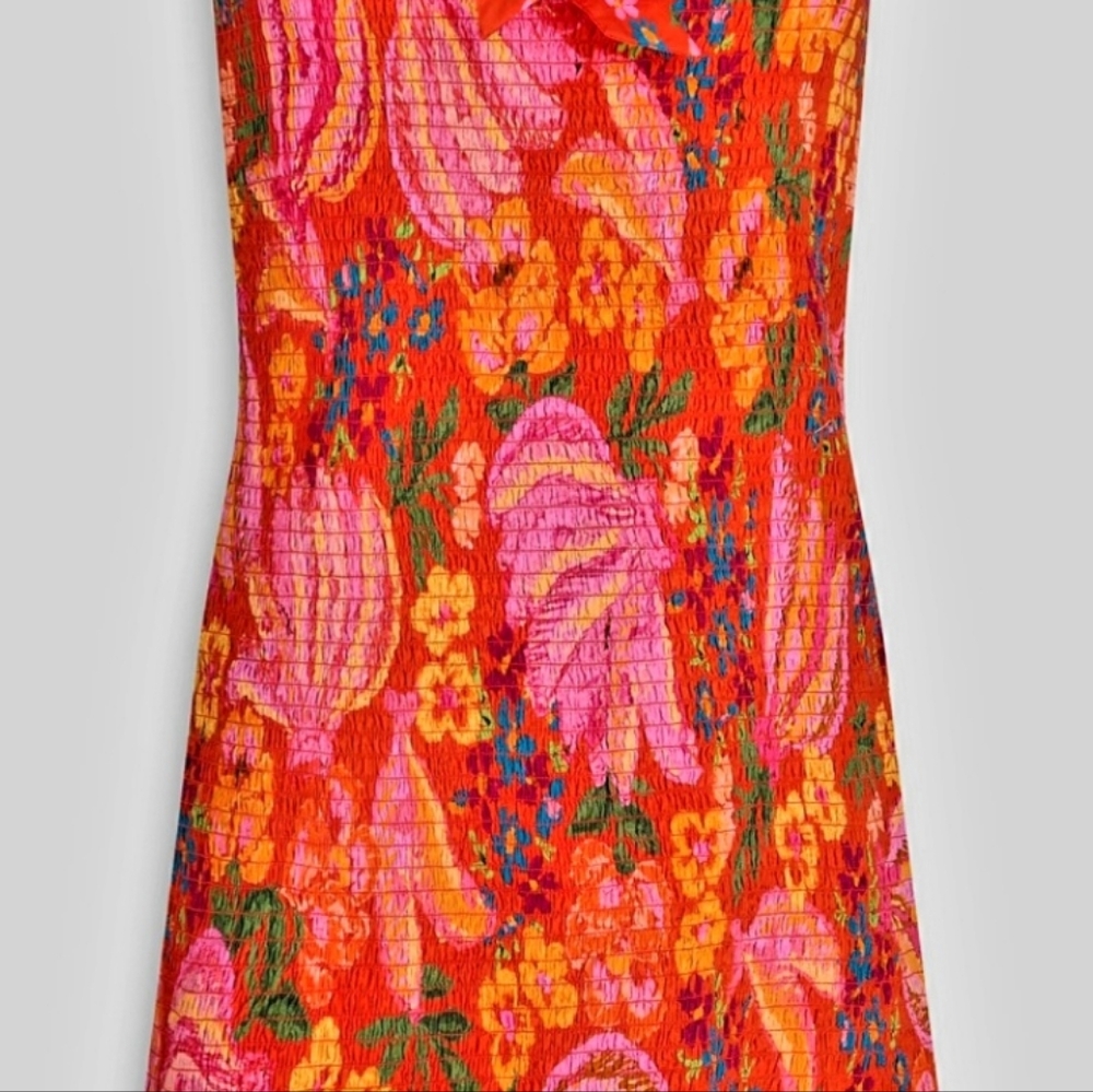 FARM Rio Vibrant Pink and Orange Floral Smocked Mini Dress. Bananas - Picture 3 of 4